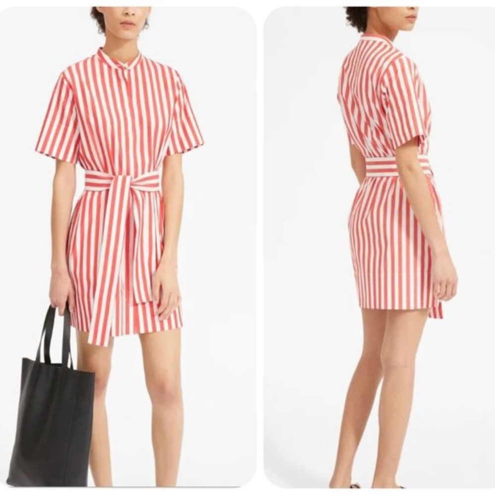 Everlane cotton collarless belted dress in red!